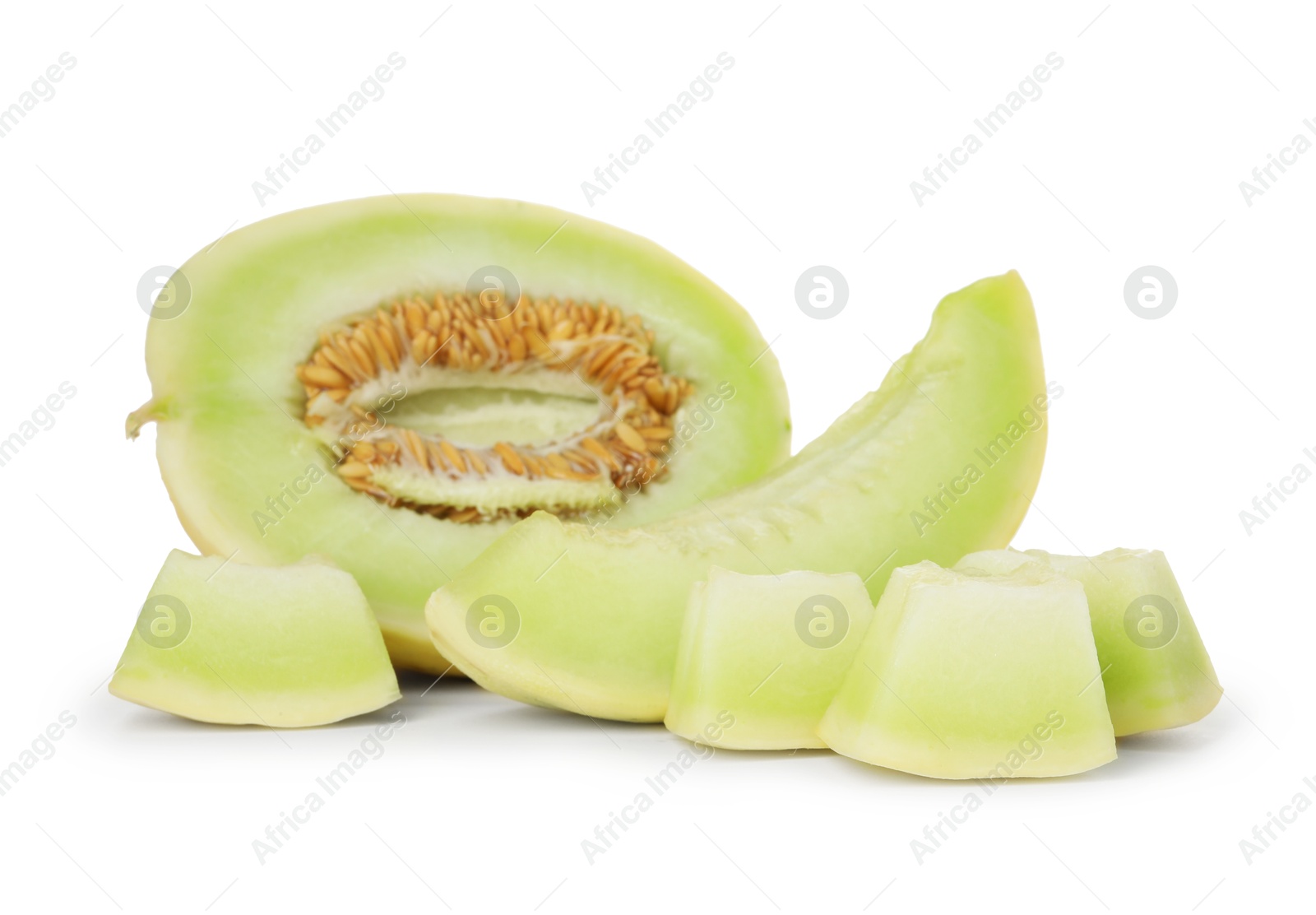 Photo of Pieces of fresh ripe honeydew melon isolated on white