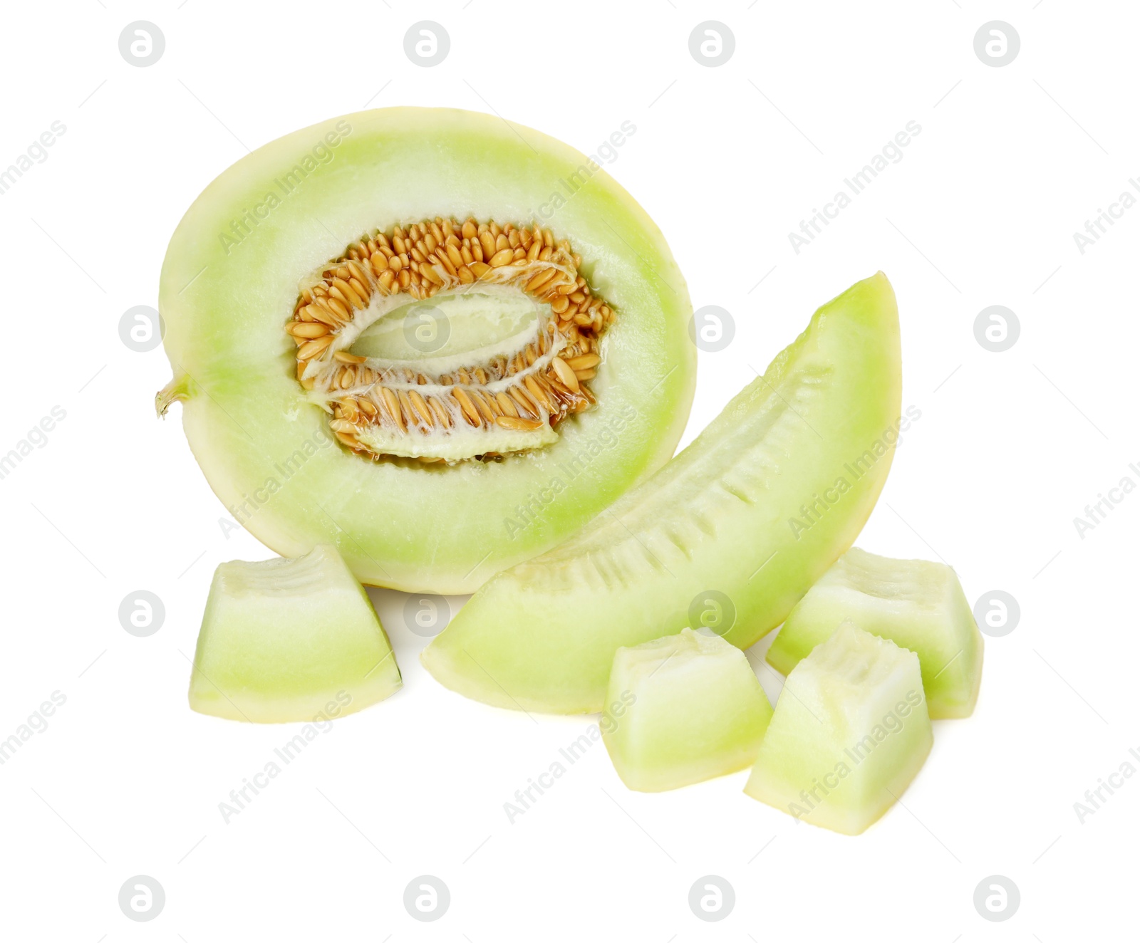 Photo of Pieces of fresh ripe honeydew melon isolated on white