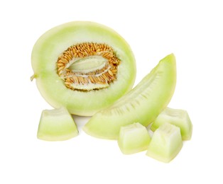 Photo of Pieces of fresh ripe honeydew melon isolated on white