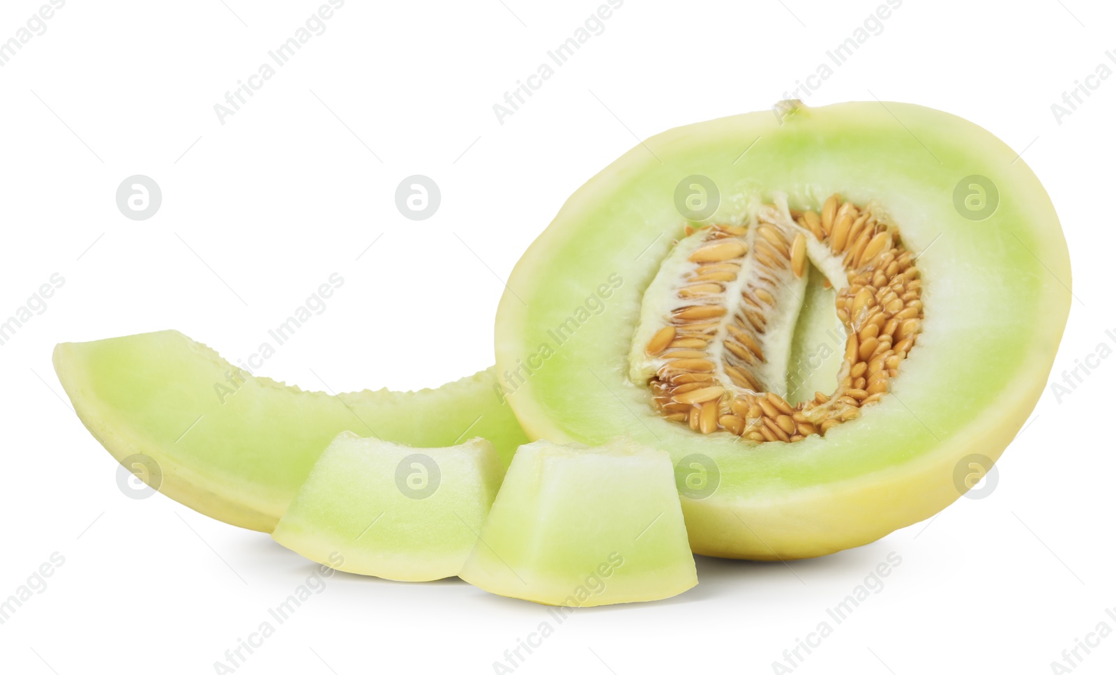 Photo of Pieces of fresh ripe honeydew melon isolated on white