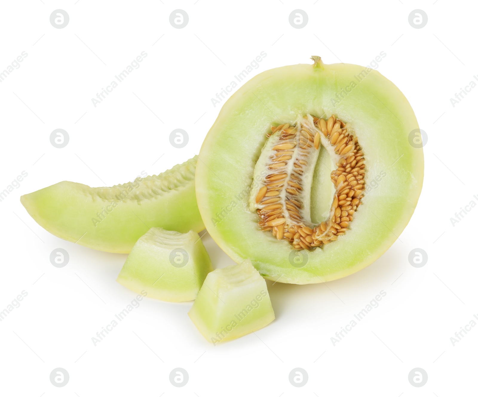 Photo of Pieces of fresh ripe honeydew melon isolated on white