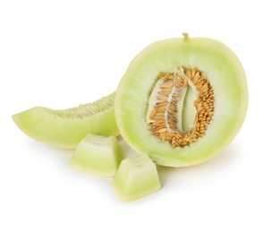 Photo of Pieces of fresh ripe honeydew melon isolated on white