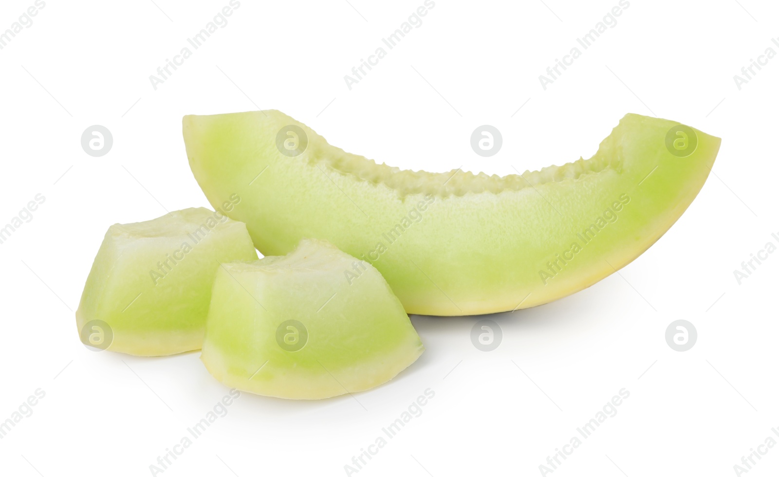 Photo of Pieces of fresh ripe honeydew melon isolated on white