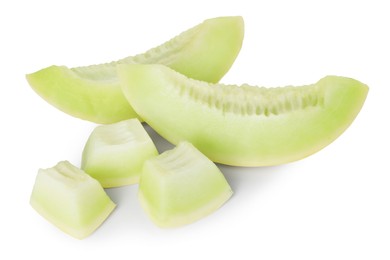 Photo of Pieces of fresh ripe honeydew melon isolated on white