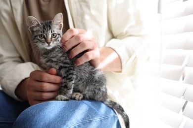 Man with cute kitten at home, closeup