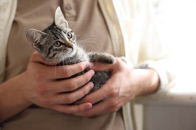 Photo of Man with cute kitten at home, closeup