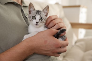 Man with cute kitten at home, closeup