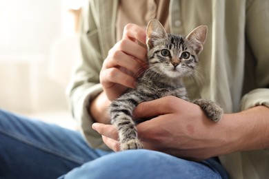 Photo of Man with cute kitten at home, closeup