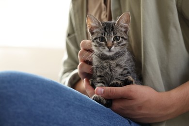 Man with cute kitten at home, closeup