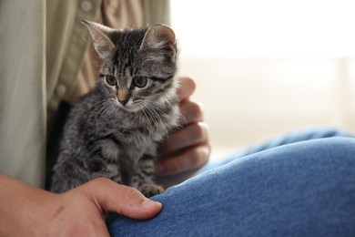 Photo of Man with cute kitten at home, closeup