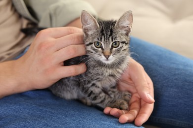 Photo of Man with cute kitten at home, closeup