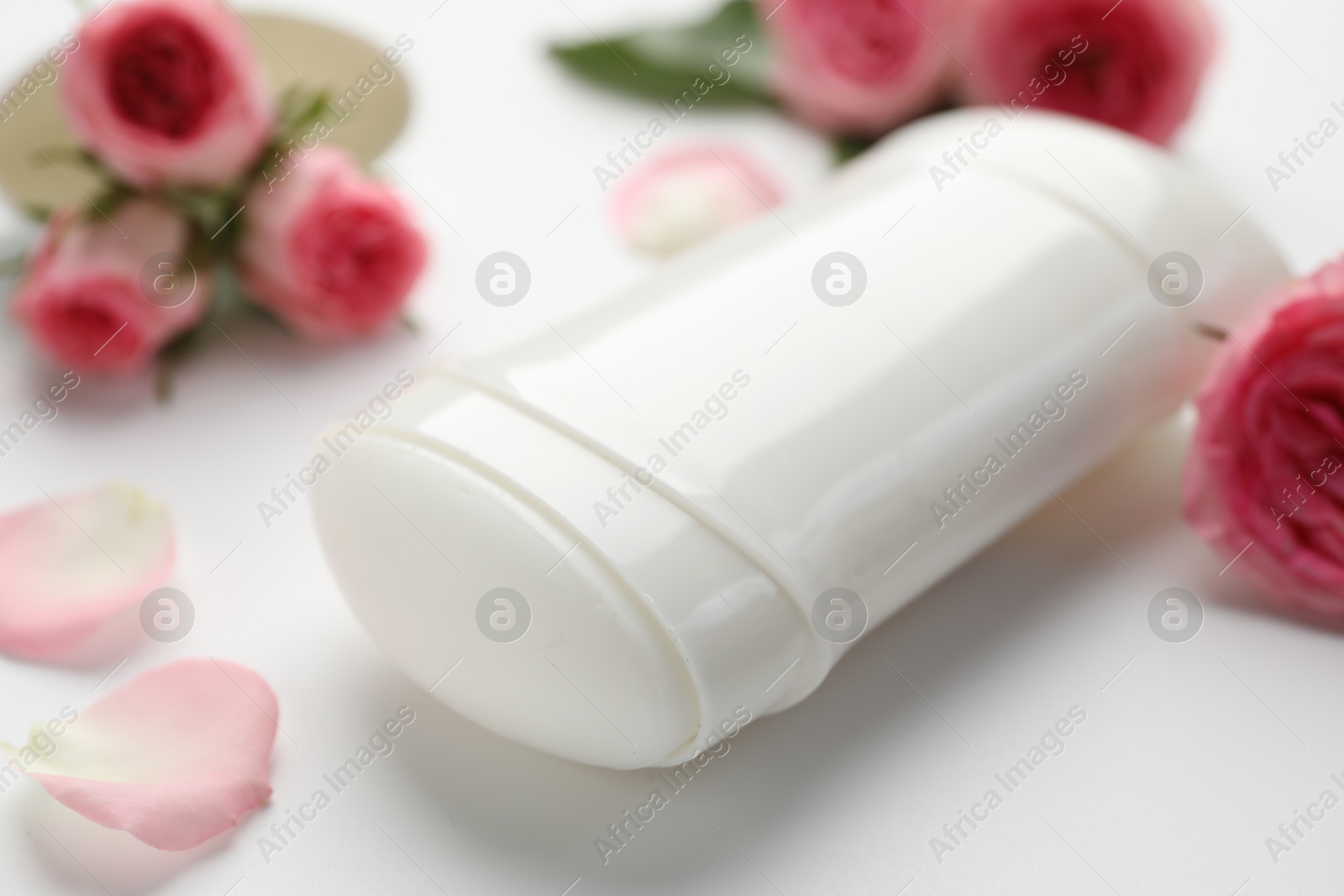 Photo of Solid deodorant and beautiful rose flowers on white background, closeup