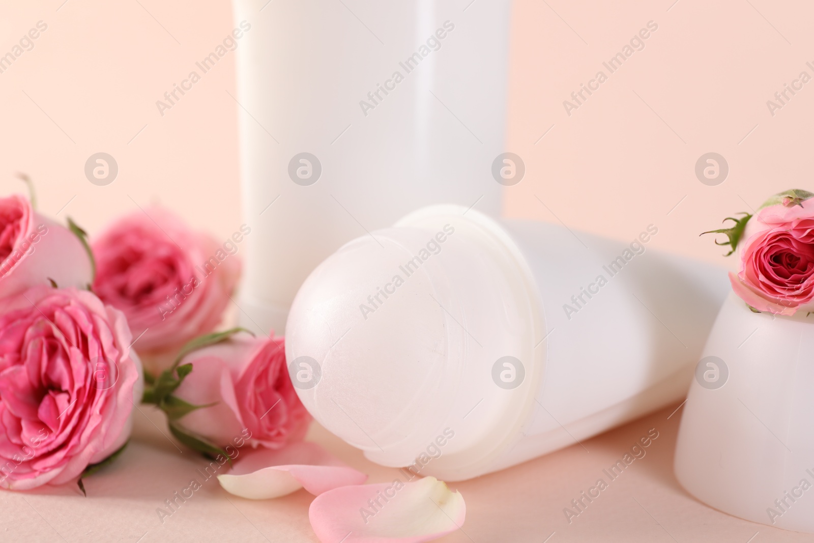 Photo of Different deodorants and beautiful rose flowers on beige background, closeup