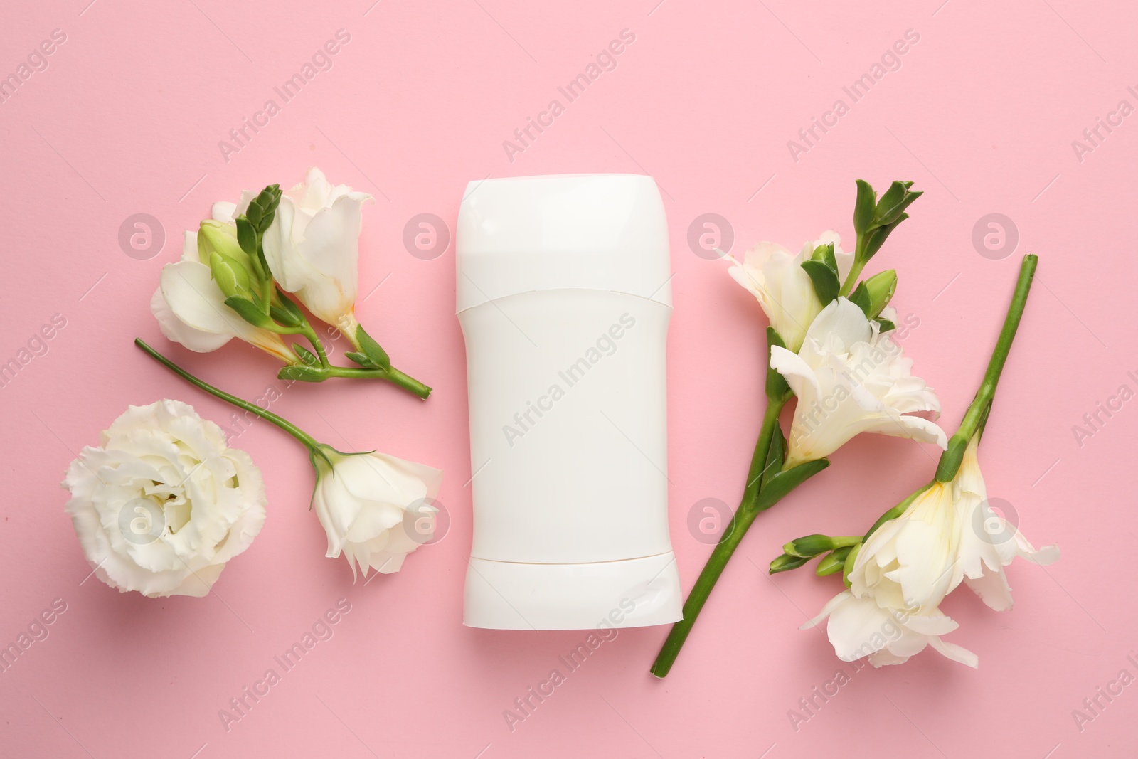 Photo of Solid deodorant and beautiful eustoma flowers on pink background, flat lay