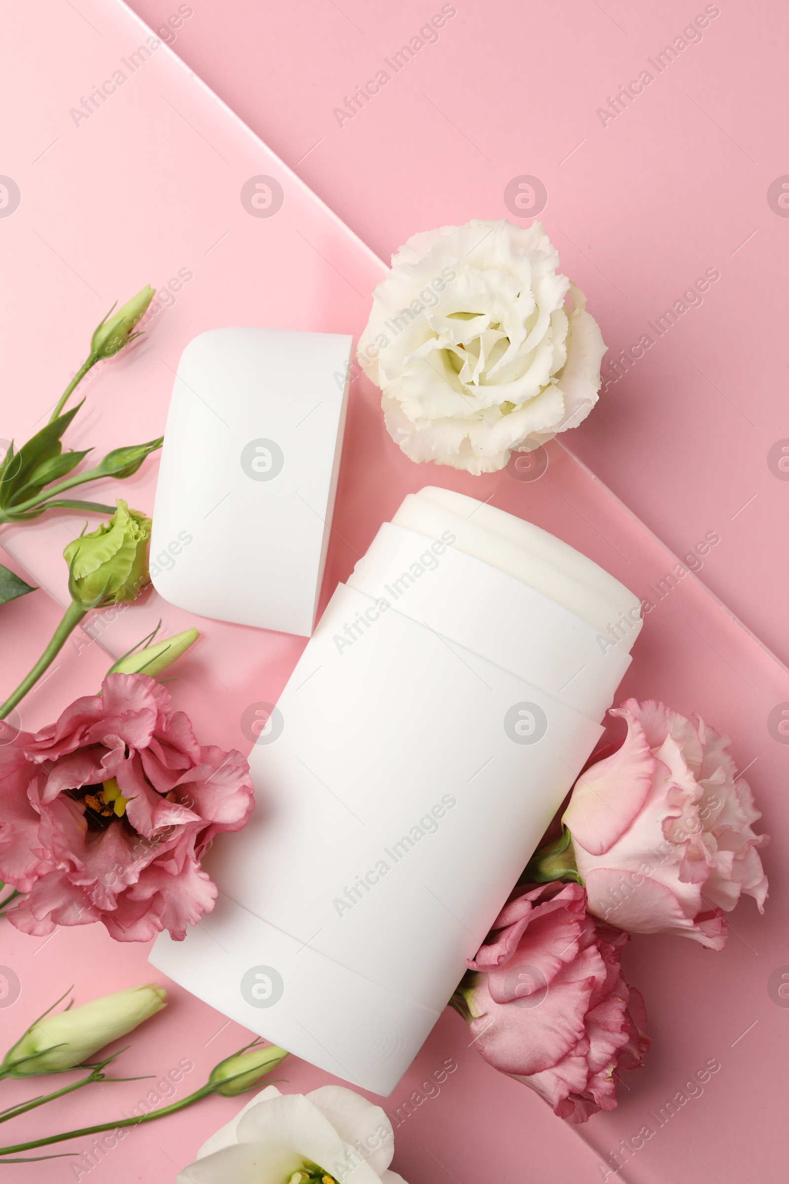 Photo of Solid deodorant and beautiful eustoma flowers on pink background, top view