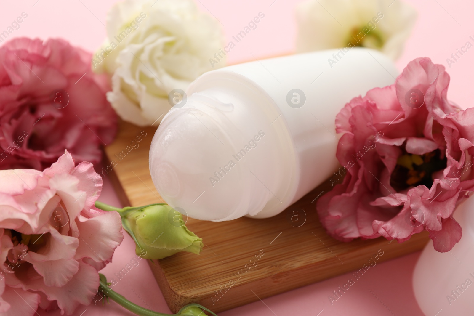 Photo of Roll-on deodorant and beautiful eustoma flowers on pink background, closeup