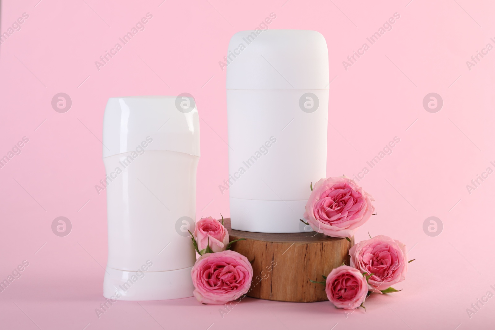 Photo of Solid deodorants and beautiful rose flowers on pink background