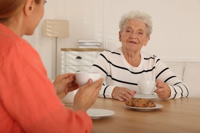 Photo of Caregiver and senior woman enjoying hot drink at table indoors