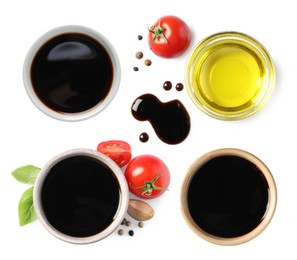 Image of Balsamic vinegar and oil in bowls on white background, top view