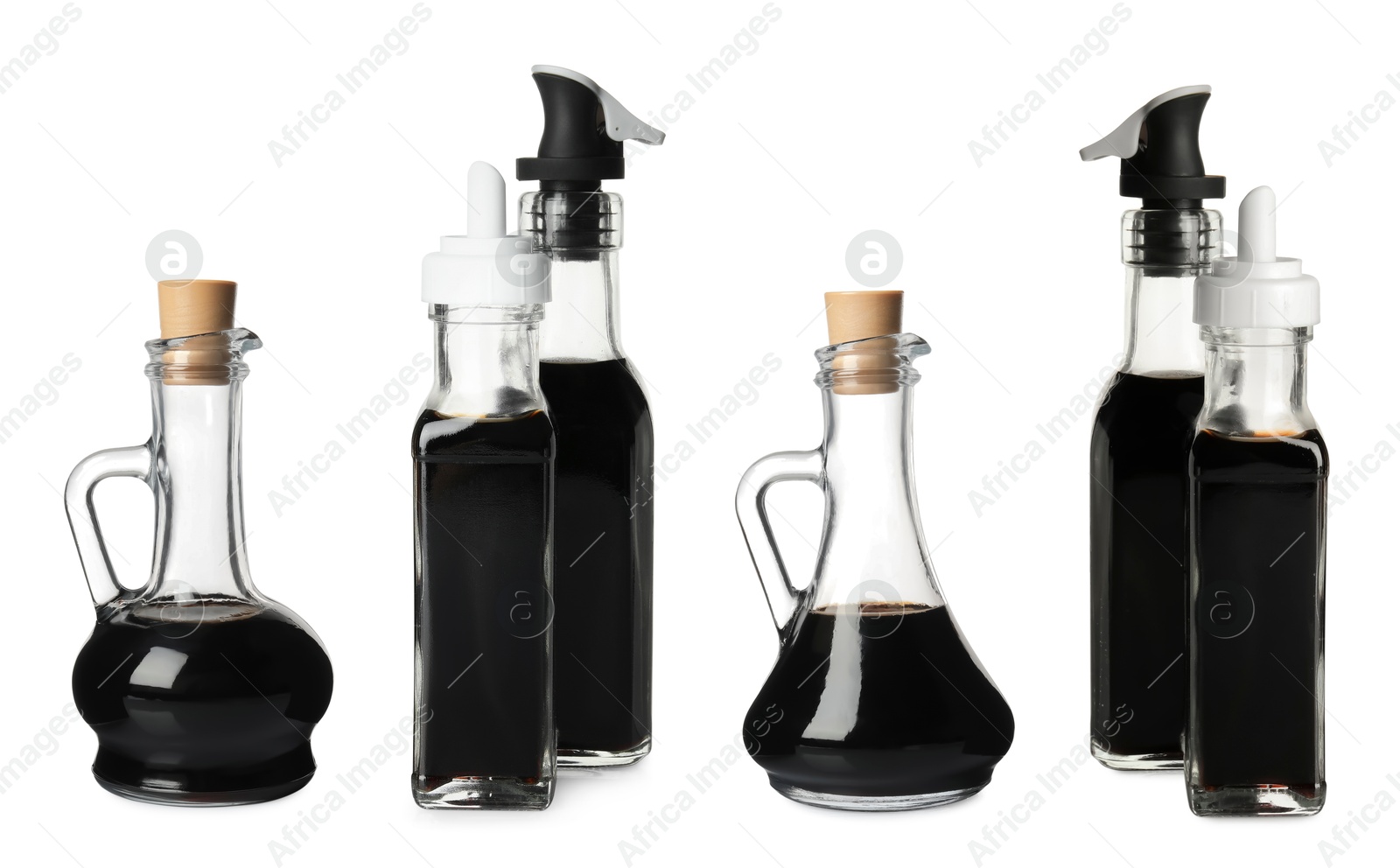 Image of Tasty balsamic vinegar on white background, set