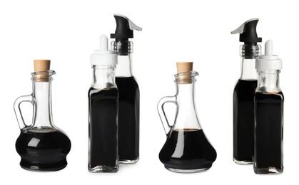 Image of Tasty balsamic vinegar on white background, set