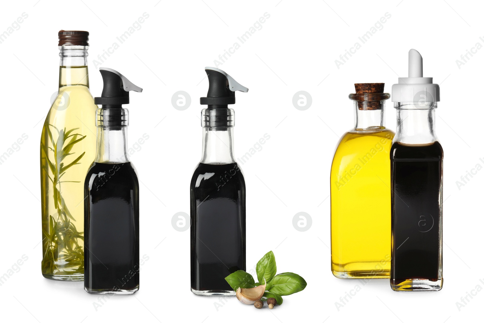 Image of Tasty balsamic vinegar and oil on white background, set