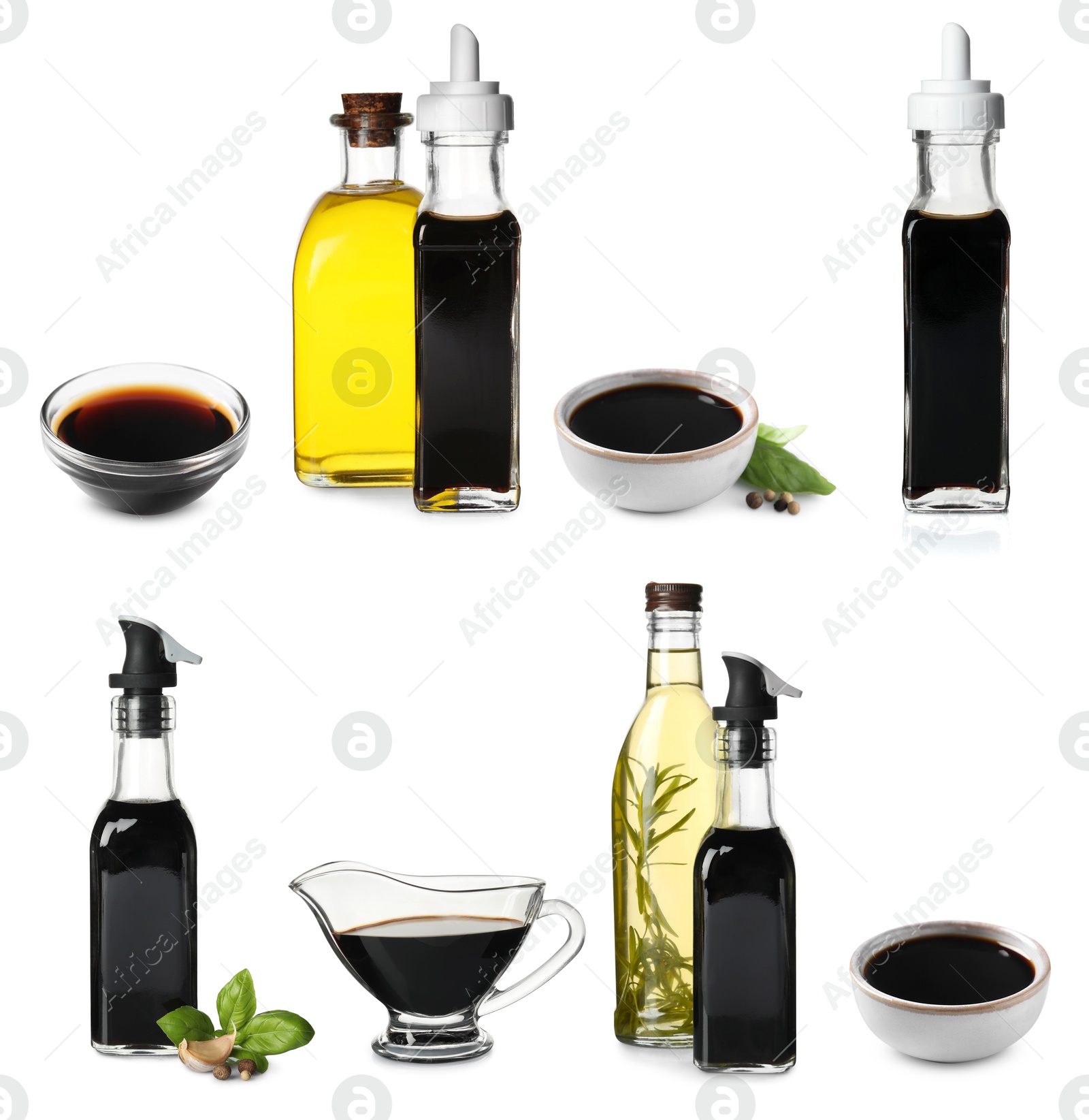 Image of Tasty balsamic vinegar and oil on white background, set