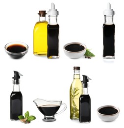 Image of Tasty balsamic vinegar and oil on white background, set