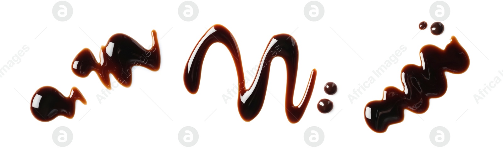 Image of Tasty balsamic vinegar on white background, top view