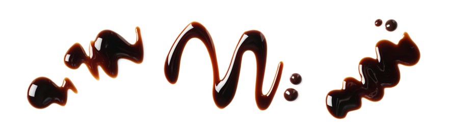 Image of Tasty balsamic vinegar on white background, top view