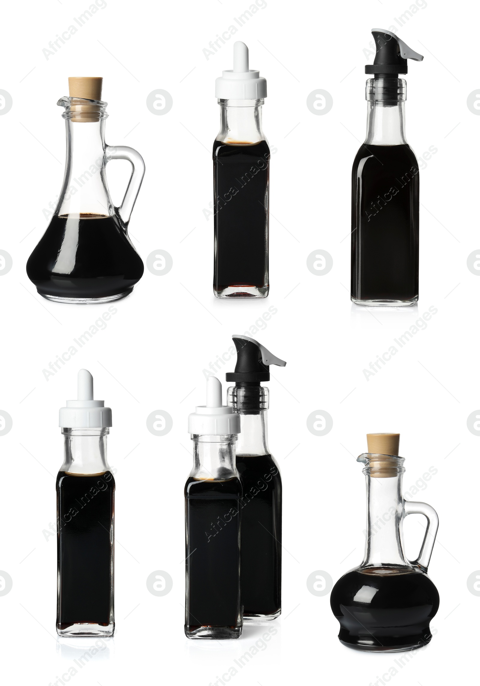 Image of Tasty balsamic vinegar on white background, set