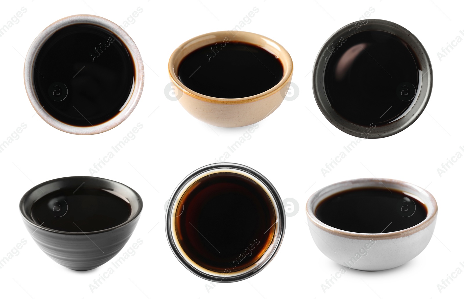 Image of Tasty balsamic vinegar in bowls on white background, set