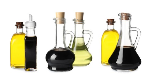 Image of Tasty balsamic vinegar and oil on white background, set