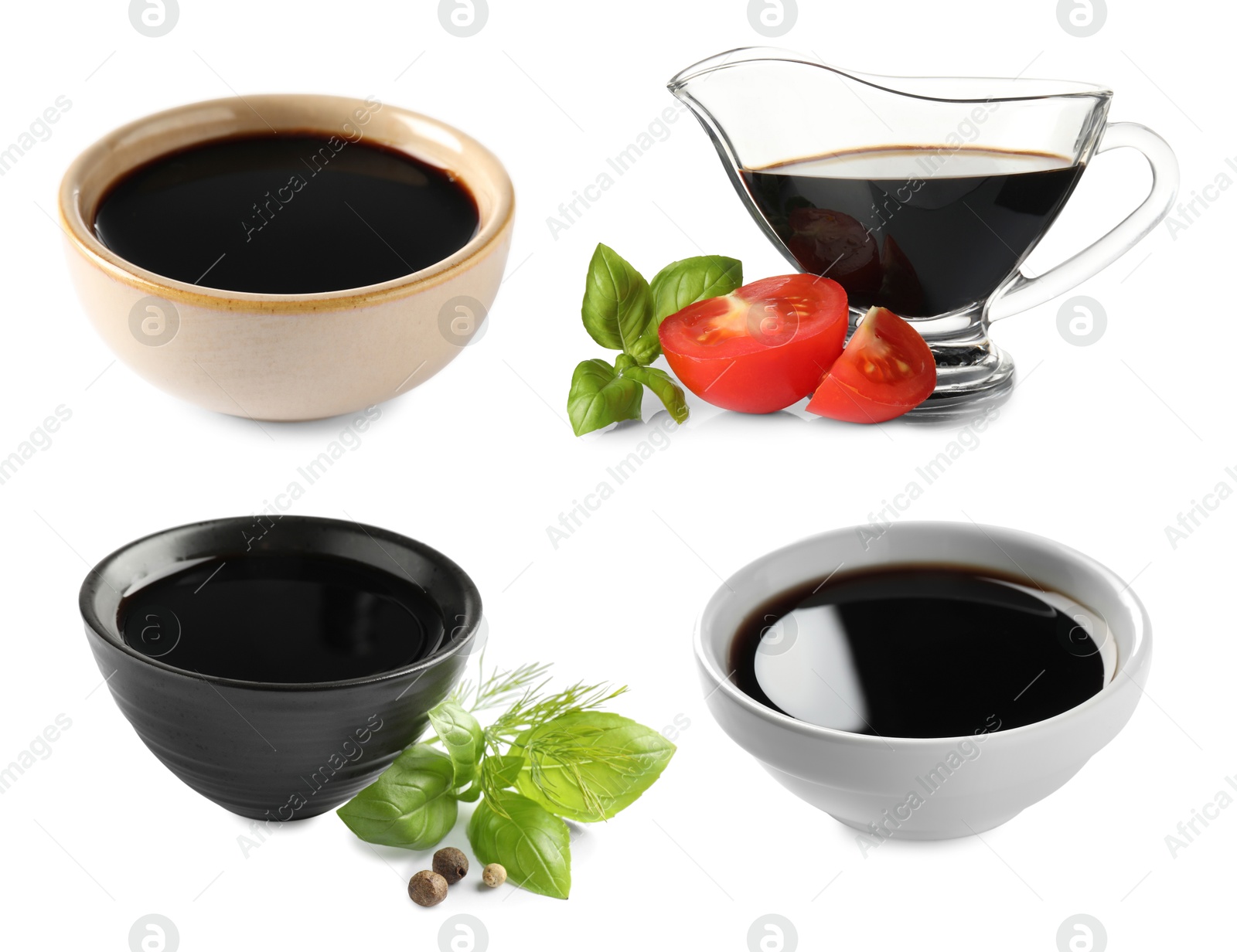 Image of Tasty balsamic vinegar on white background, set