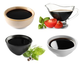 Image of Tasty balsamic vinegar on white background, set