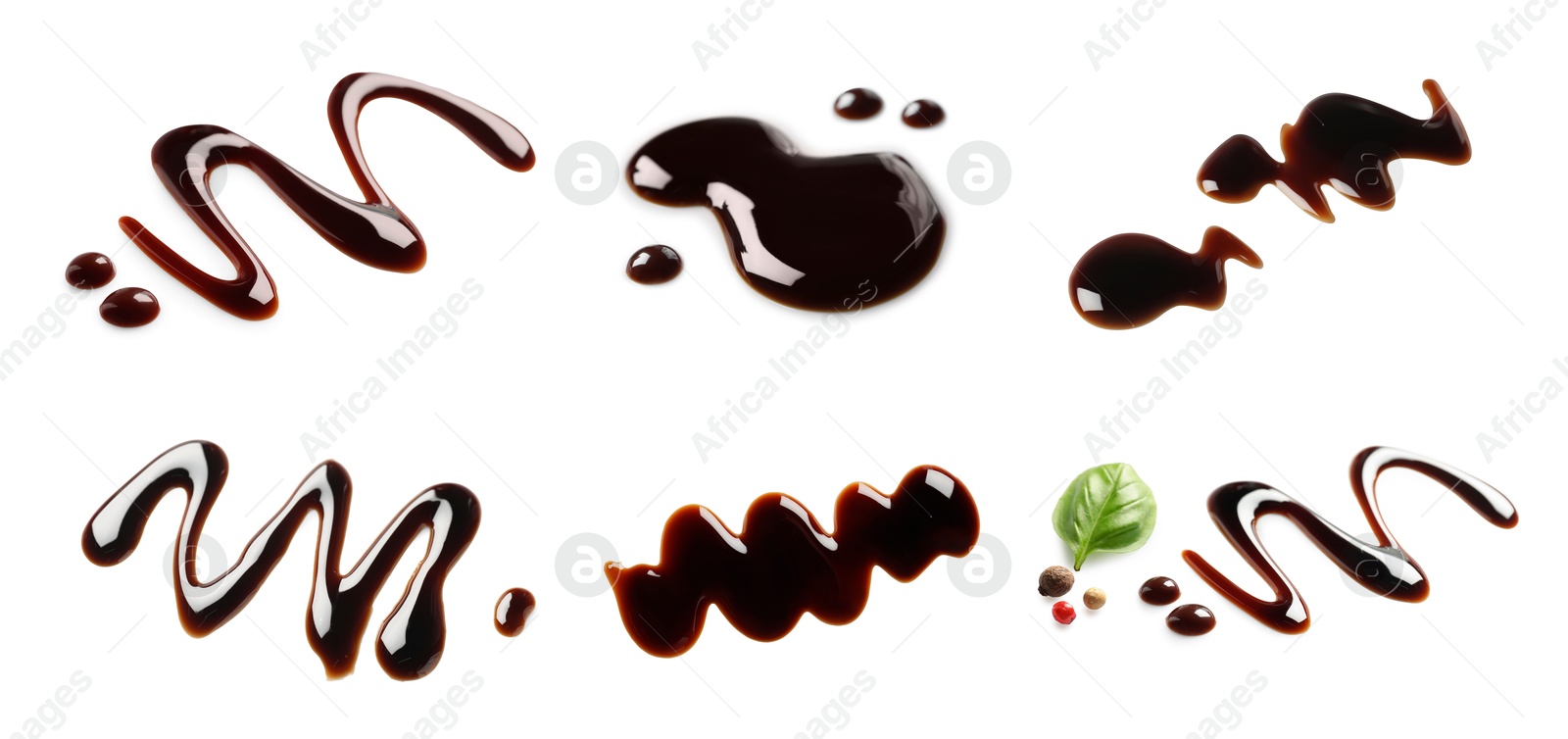 Image of Tasty balsamic vinegar on white background, set