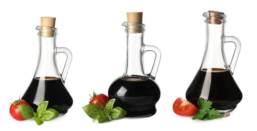 Image of Tasty balsamic vinegar in jugs on white background, set