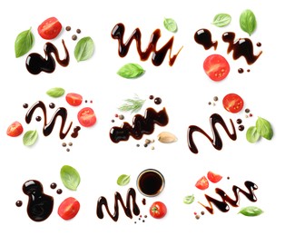 Image of Tasty balsamic vinegar, tomatoes, garlic and basil leaves on white background, top view