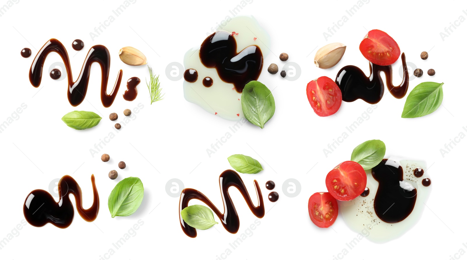 Image of Tasty balsamic vinegar, tomatoes, garlic and basil leaves on white background, top view