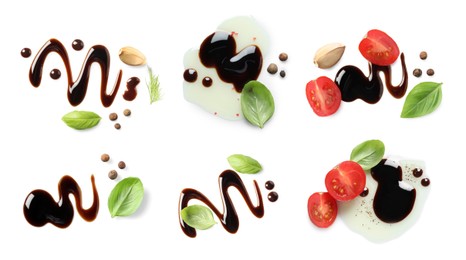 Image of Tasty balsamic vinegar, tomatoes, garlic and basil leaves on white background, top view