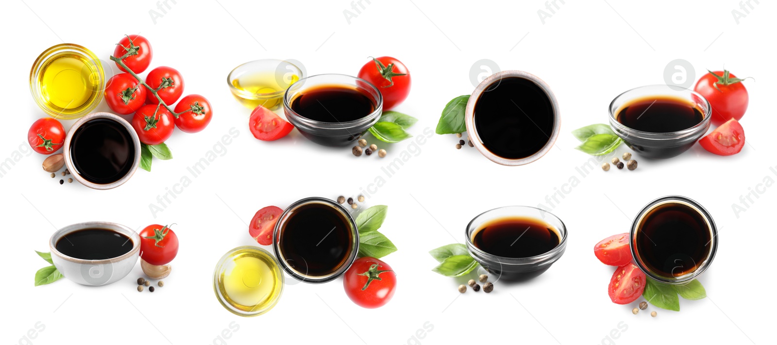 Image of Tasty balsamic vinegar and oil in bowls on white background, set