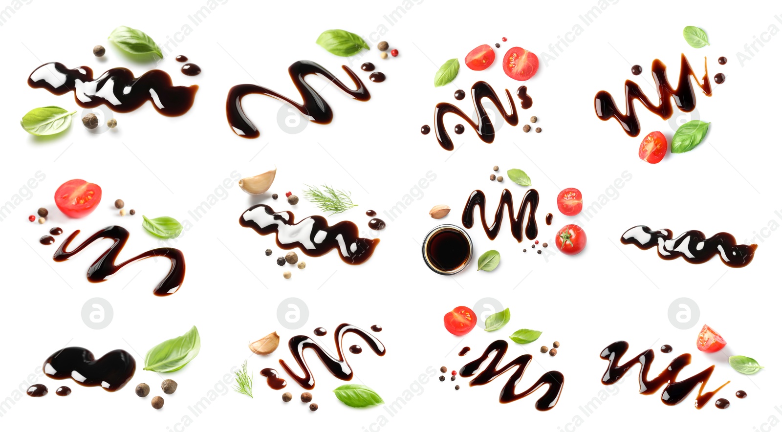 Image of Tasty balsamic vinegar on white background, set