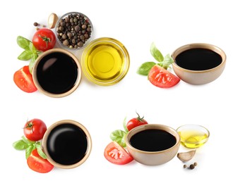 Image of Tasty balsamic vinegar and oil in bowls on white background, set