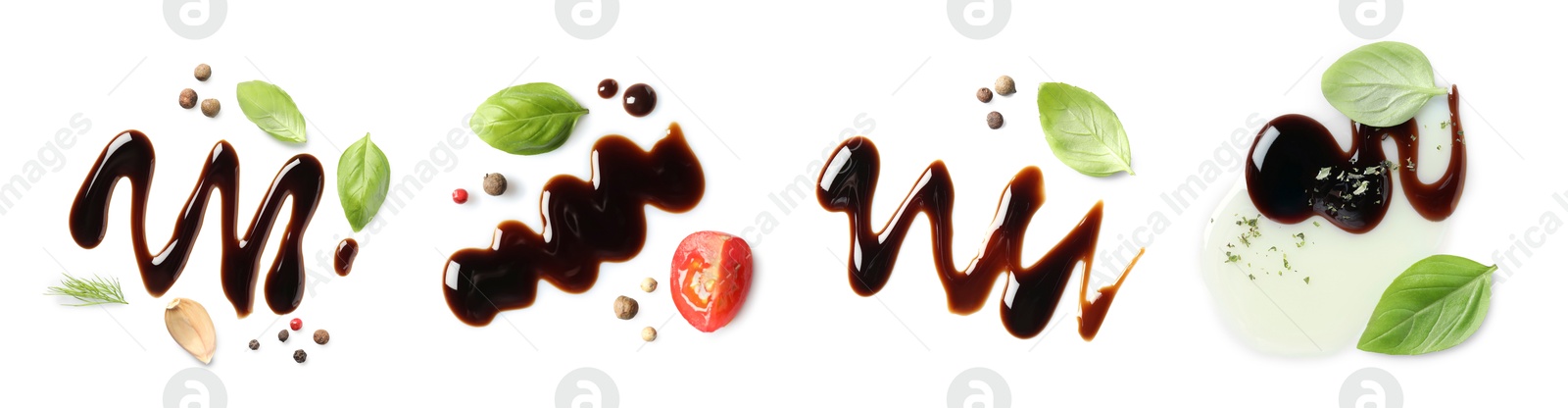 Image of Tasty balsamic vinegar, tomatoes, garlic and basil leaves on white background, top view