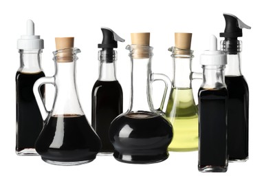 Image of Tasty balsamic vinegar and oil on white background, set