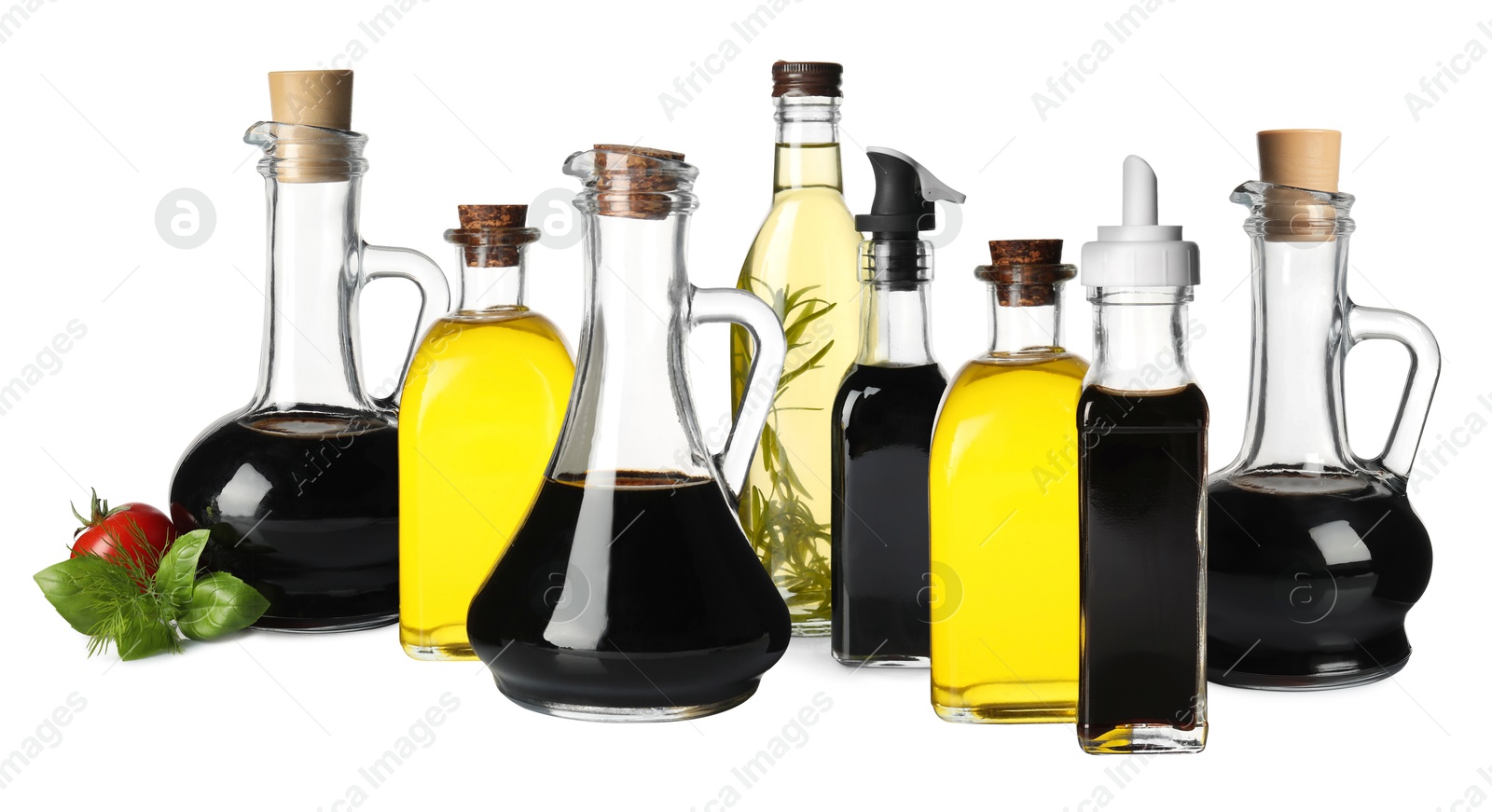 Image of Tasty balsamic vinegar and oil on white background, set