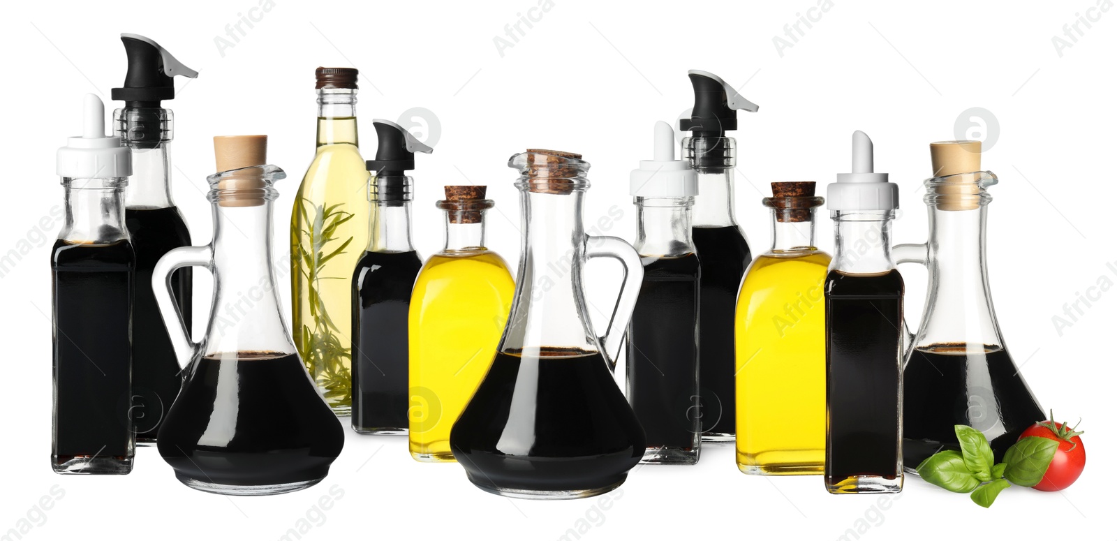 Image of Tasty balsamic vinegar and oil on white background, set