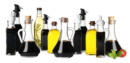 Image of Tasty balsamic vinegar and oil on white background, set