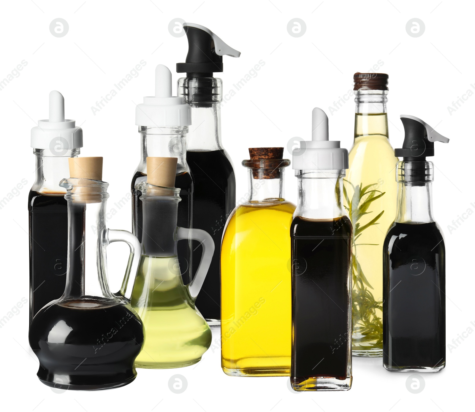 Image of Tasty balsamic vinegar and oil on white background, set