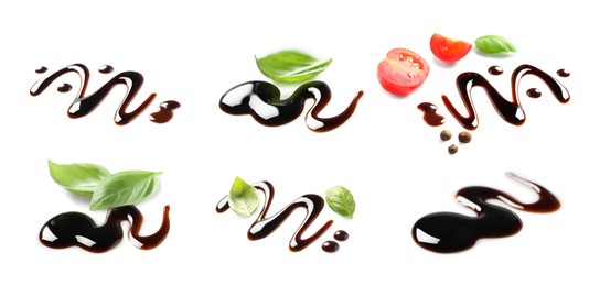 Image of Tasty balsamic vinegar on white background, set